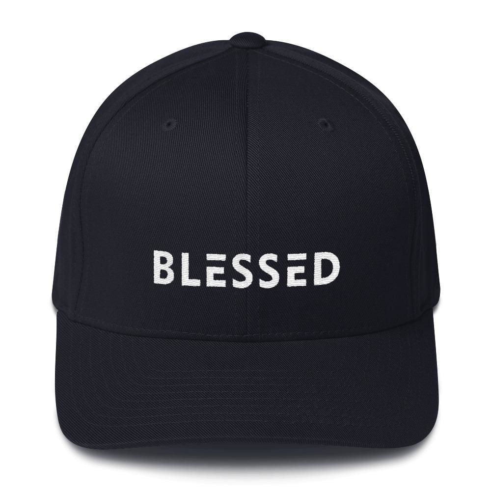 Dark navy fitted twill baseball cap with 'BLESSED' front text
