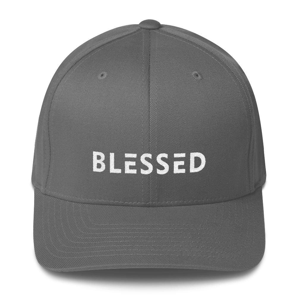 Grey fitted twill baseball cap with 'BLESSED' front text
