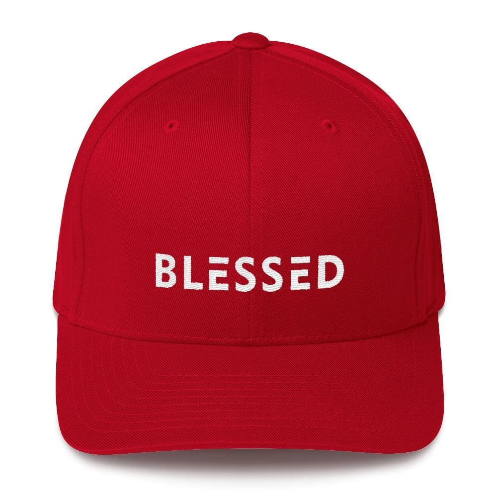 Red fitted twill baseball cap with 'BLESSED' front text