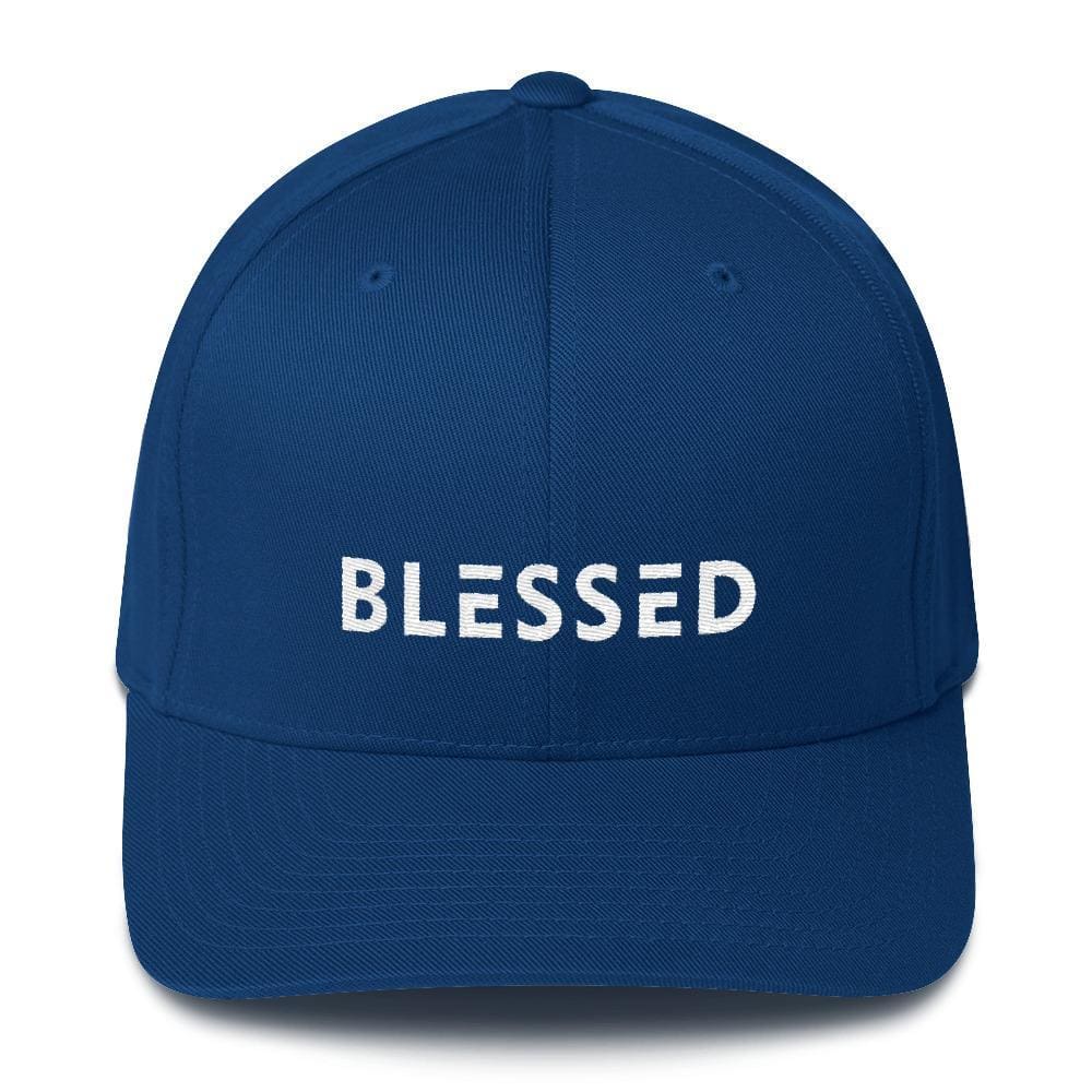 Royal blue fitted twill baseball cap with 'BLESSED' front text