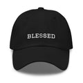 Black cotton baseball cap with embroidered “BLESSED” on the front panel