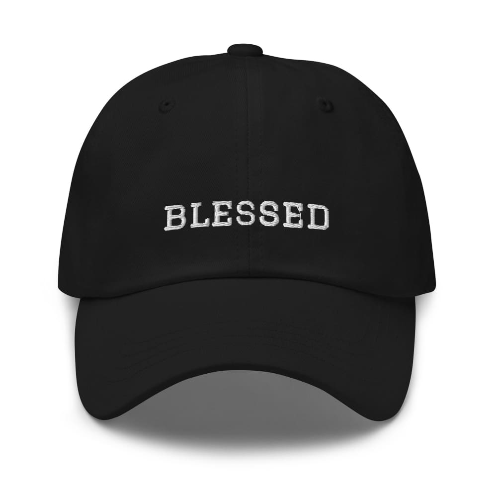 Black cotton baseball cap with embroidered “BLESSED” on the front panel