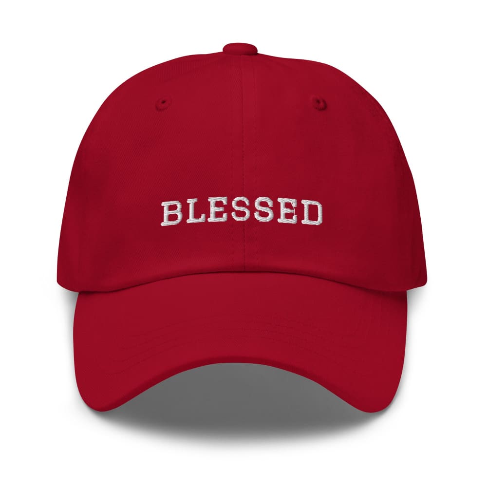 Cranberry cotton baseball cap with embroidered “BLESSED” on the front panel