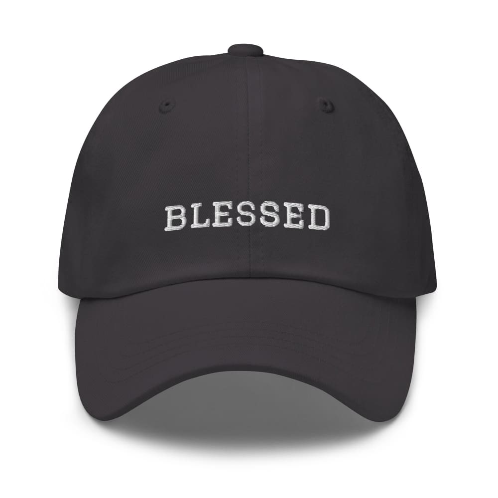 Dark grey cotton baseball cap with embroidered “BLESSED” on the front panel