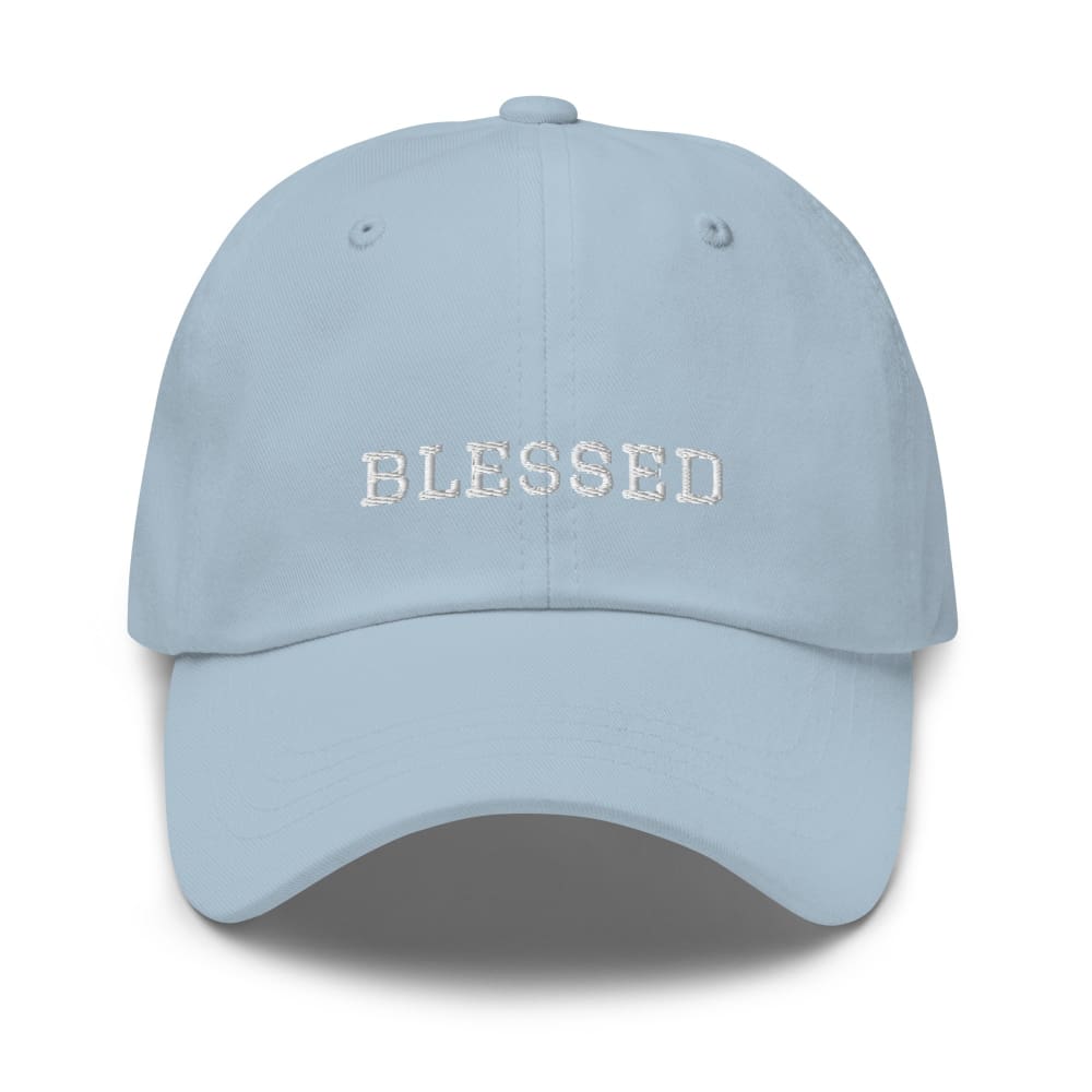 Light blue cotton baseball cap with embroidered “BLESSED” on the front panel