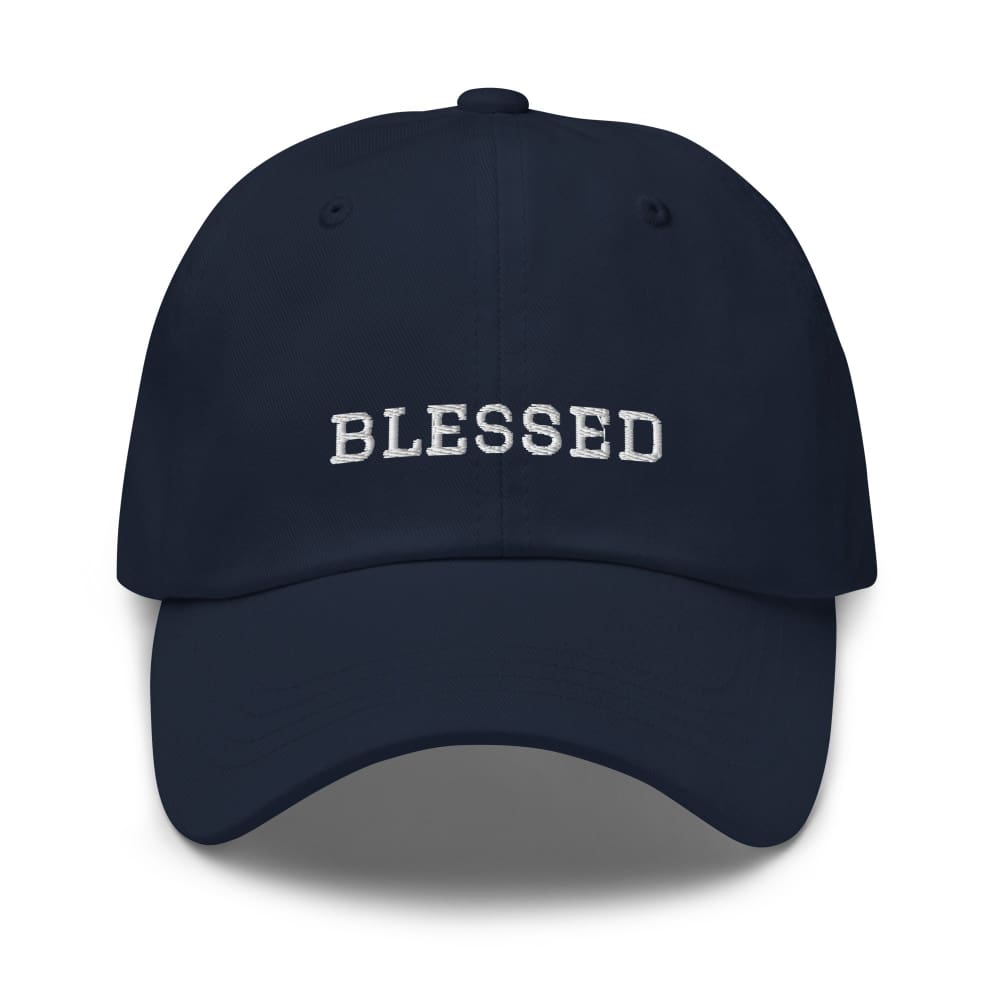 Navy cotton baseball cap with embroidered “BLESSED” on the front panel