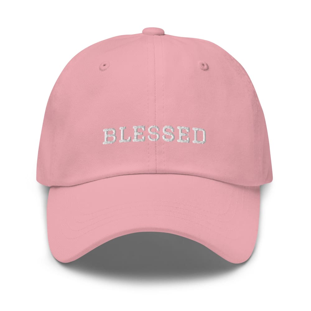 Pink cotton baseball cap with embroidered “BLESSED” on the front panel