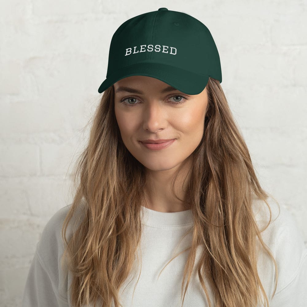 Dark green cotton baseball cap with embroidered “BLESSED” on the front