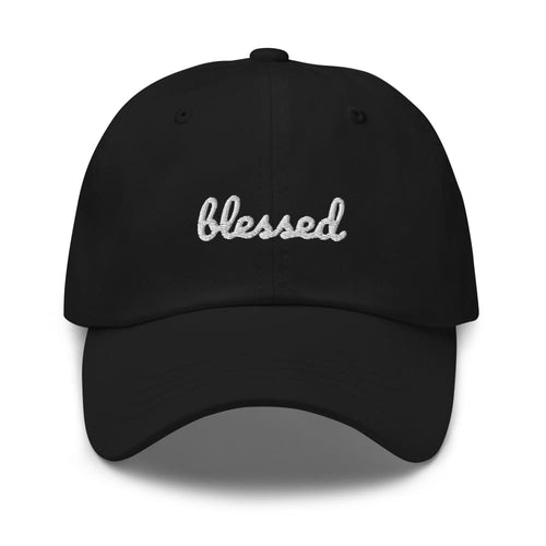 Black baseball cap with 'Blessed' rhinestone-style embroidery
