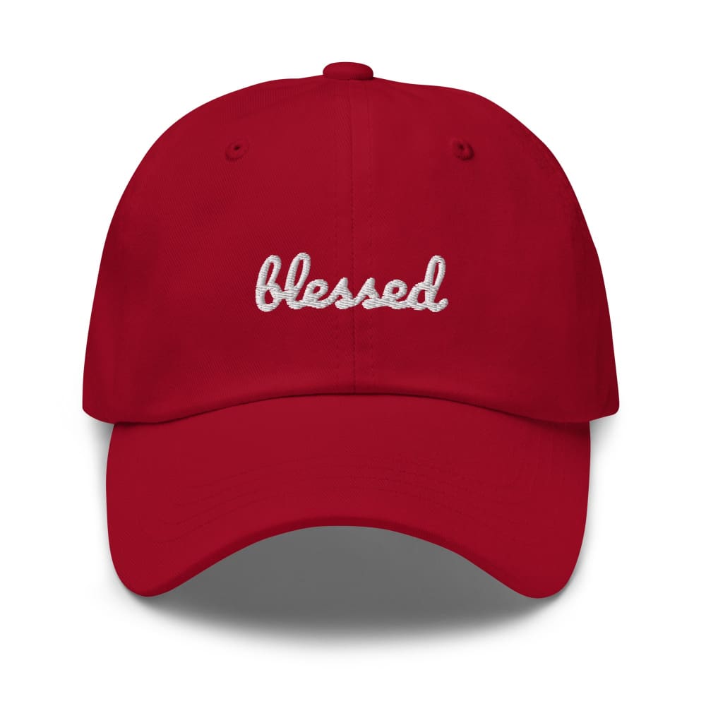 Cranberry red baseball cap with 'Blessed' rhinestone-style embroidery