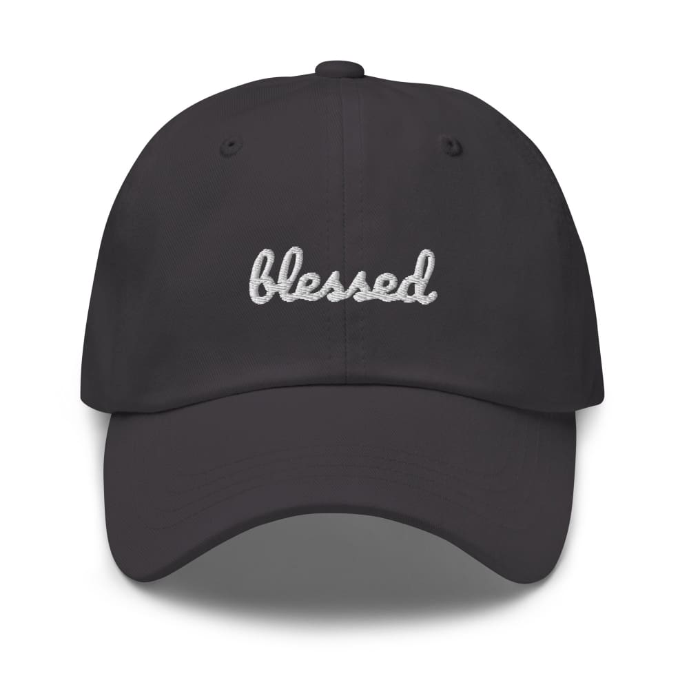 Dark gray baseball cap with 'Blessed' rhinestone-style embroidery