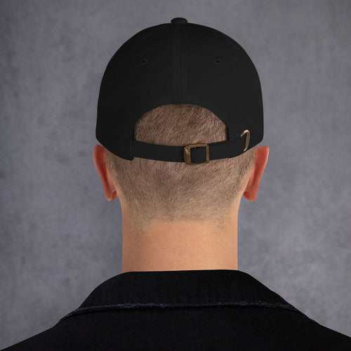 Black baseball cap with adjustable strap and metal buckle (back view)