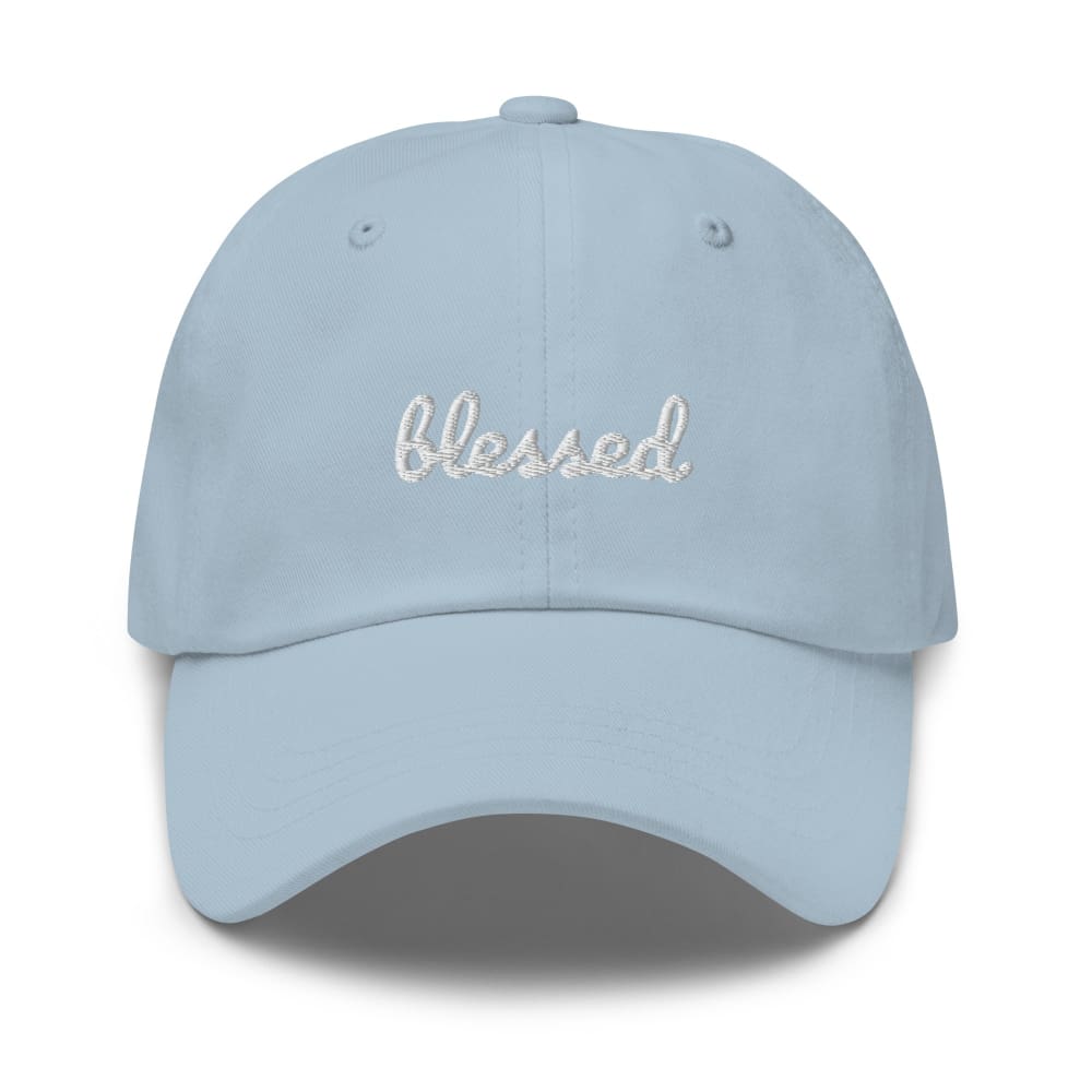 Light blue baseball cap with 'Blessed' rhinestone-style embroidery