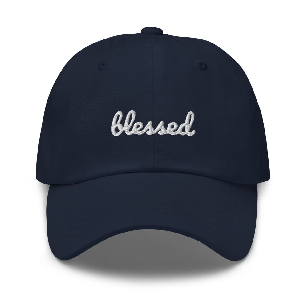Navy baseball cap with 'Blessed' rhinestone-style embroidery
