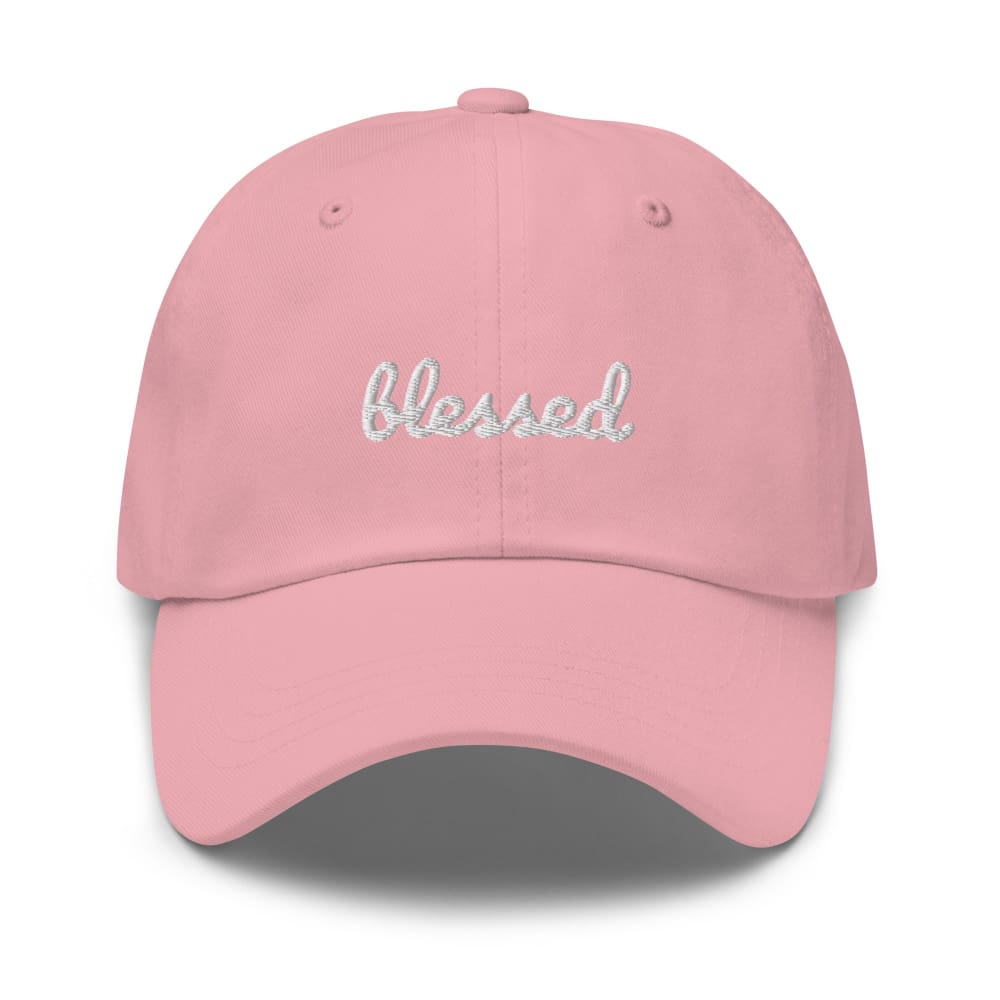 Light pink baseball cap with 'Blessed' rhinestone-style embroidery