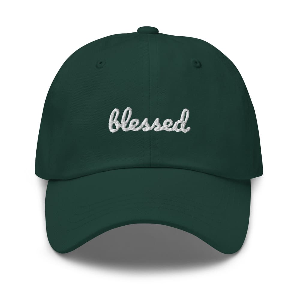 Spruce green baseball cap with 'Blessed' rhinestone-style embroidery
