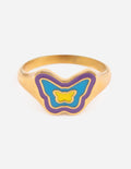 Gold enamel butterfly ring with blue wings and purple border on a wide band