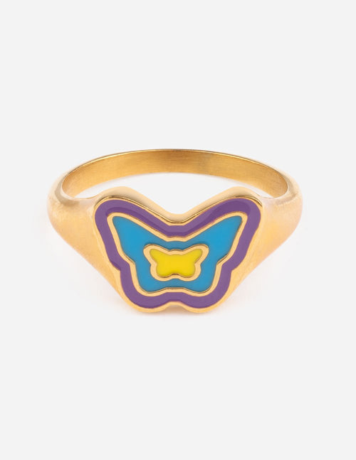 Gold enamel butterfly ring with blue wings and purple border on a wide band