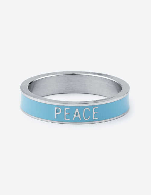 Peace enamel ring with blue band and PEACE lettering, silver finish