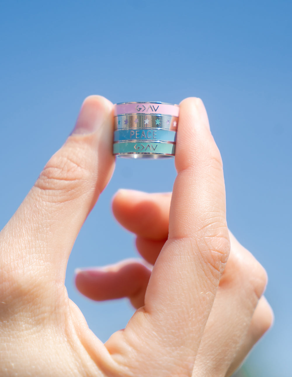 Peace enamel ring with blue enamel band and PEACE text, silver edge