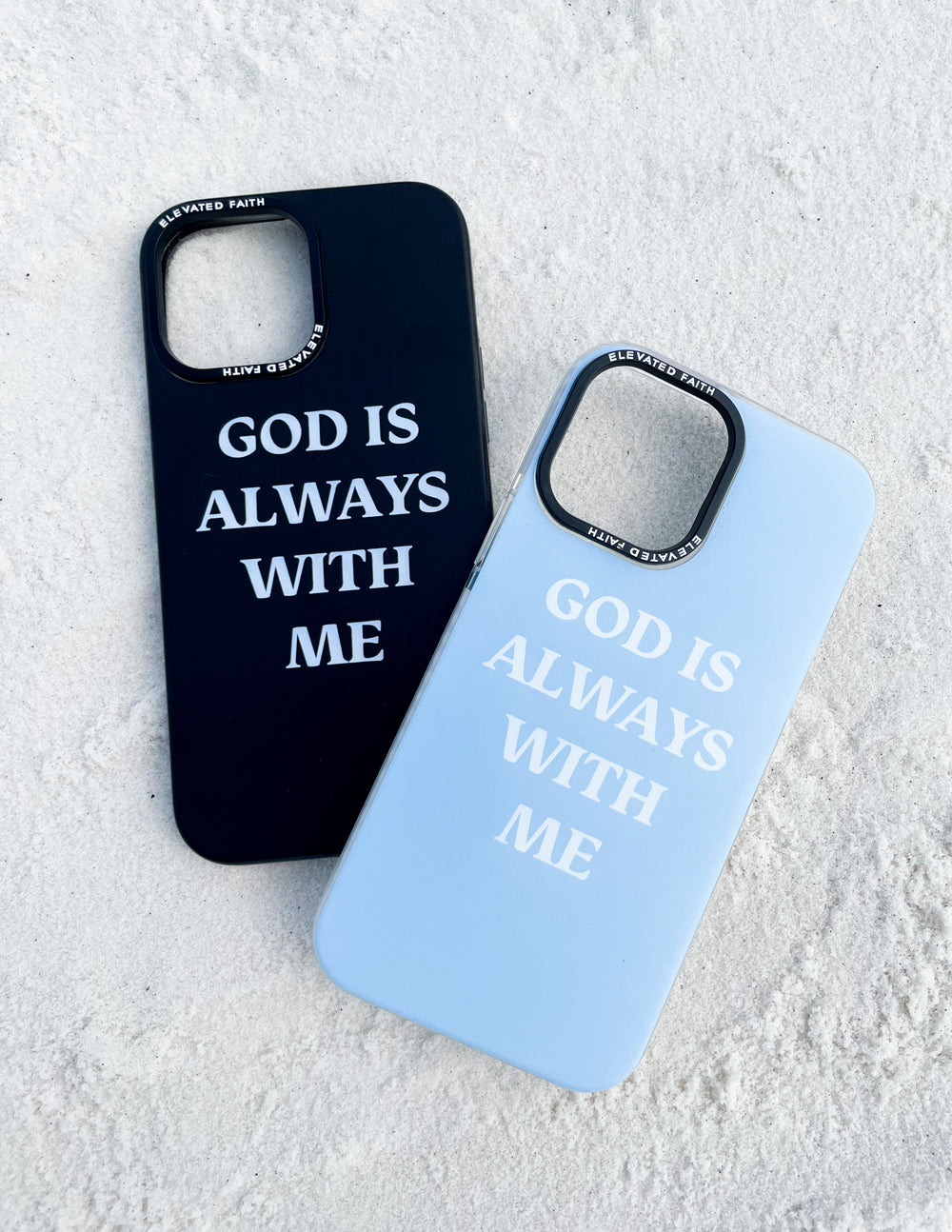 Dark and light blue phone cases reading 'GOD IS ALWAYS WITH ME' with camera cutouts