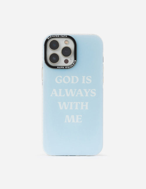 Light blue phone case with 'GOD IS ALWAYS WITH ME' and dual camera cutouts