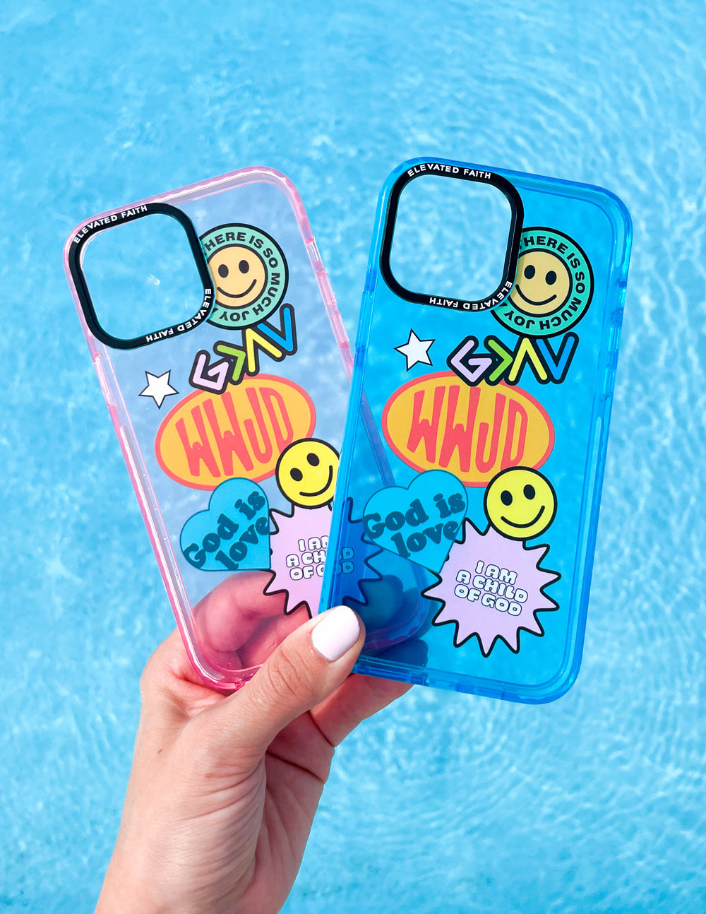 Pair of blue sticker collage phone cases with smiley and starburst icons