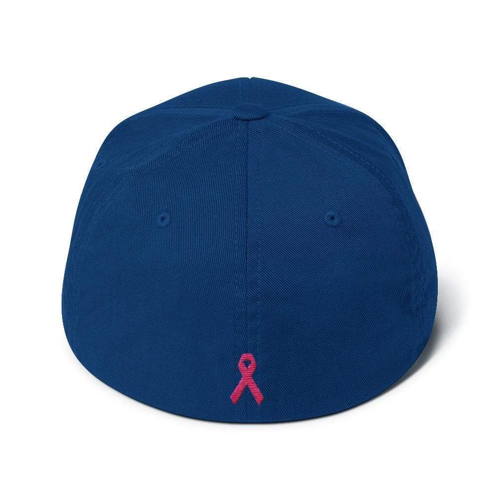 Royal blue baseball cap with pink ribbon emblem on back