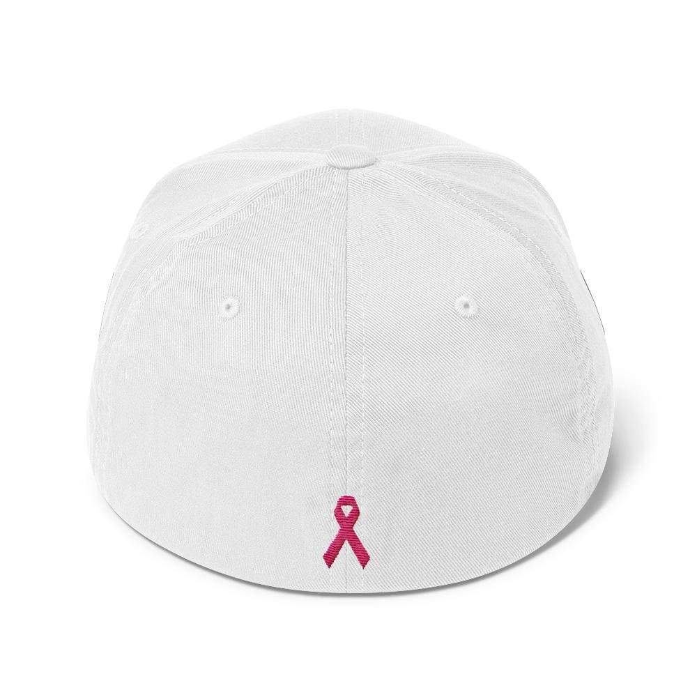 White fitted baseball hat with pink ribbon logo at back