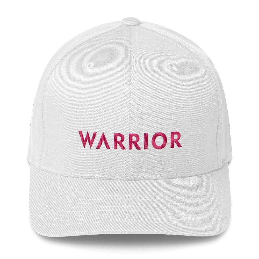White fitted baseball hat with red WARRIOR logo on front