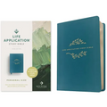 Teal blue study Bible with floral gold emblem on front cover, leatherlike personal size