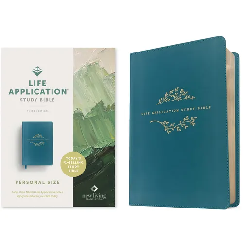 Teal blue study Bible with floral gold emblem on front cover, leatherlike personal size