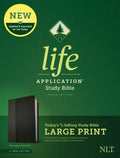 Large print study Bible with black leatherlike cover, NLT Life Application branding