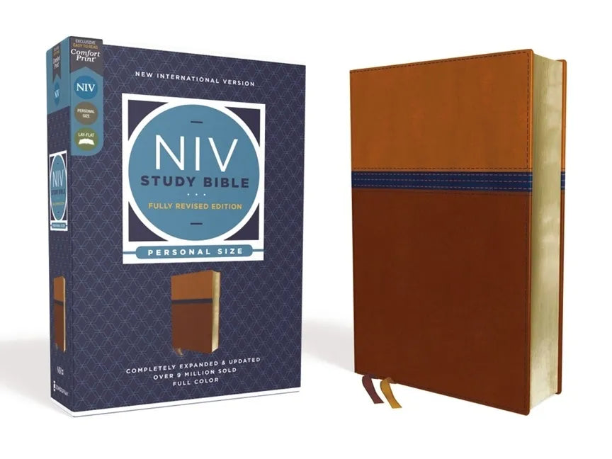 NIV Study Bible, personal size, brown leathersoft cover with blue band, red letter