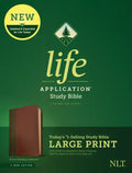 Life Application Study Bible, large print hardcover with red letter text and tree emblem.