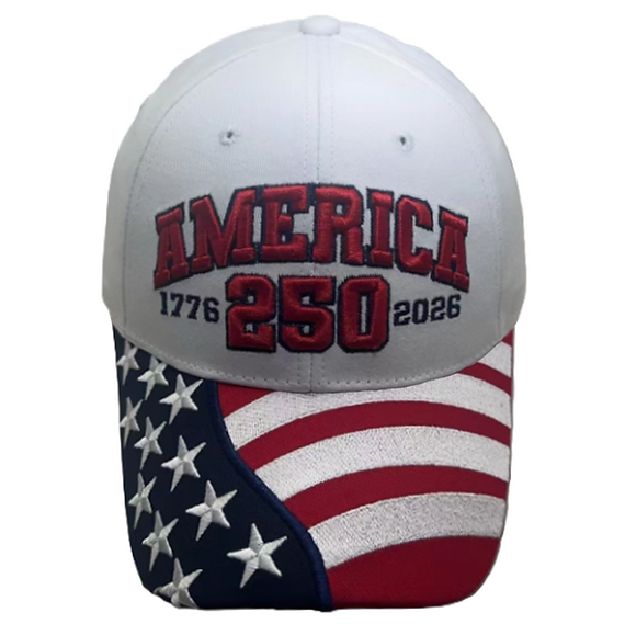 Cotton twill cap, white with embroidered AMERICA 250 and flag panel on brim