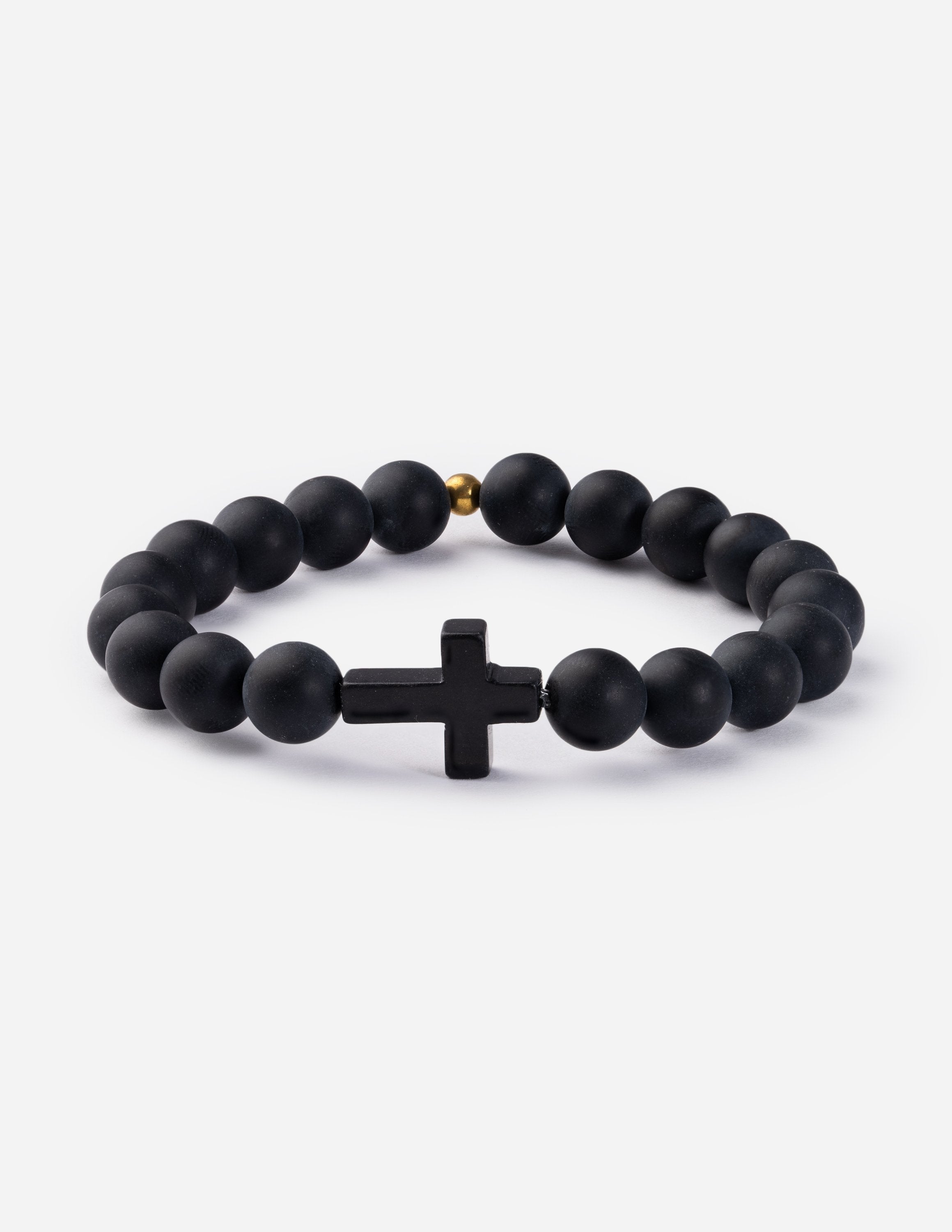 Black beaded cross bracelet with small gold connector and centered cross charm