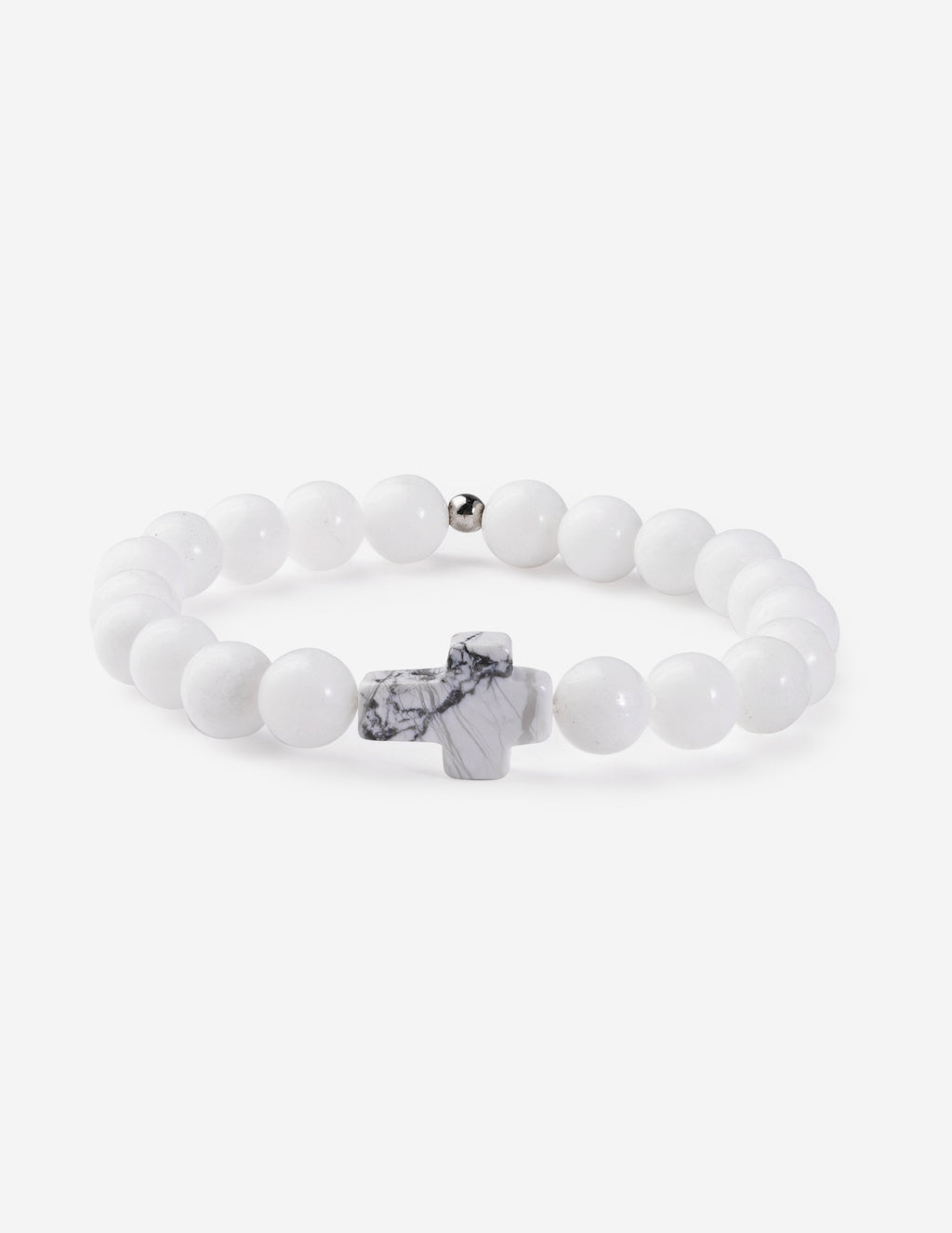 White bead bracelet with cross charm centerpiece
