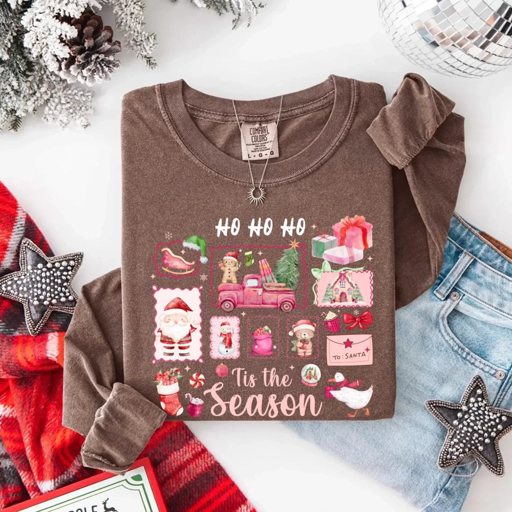 Espresso long sleeve Christmas shirt with colorful "Ho Ho Ho" and "Tis the Season" graphic