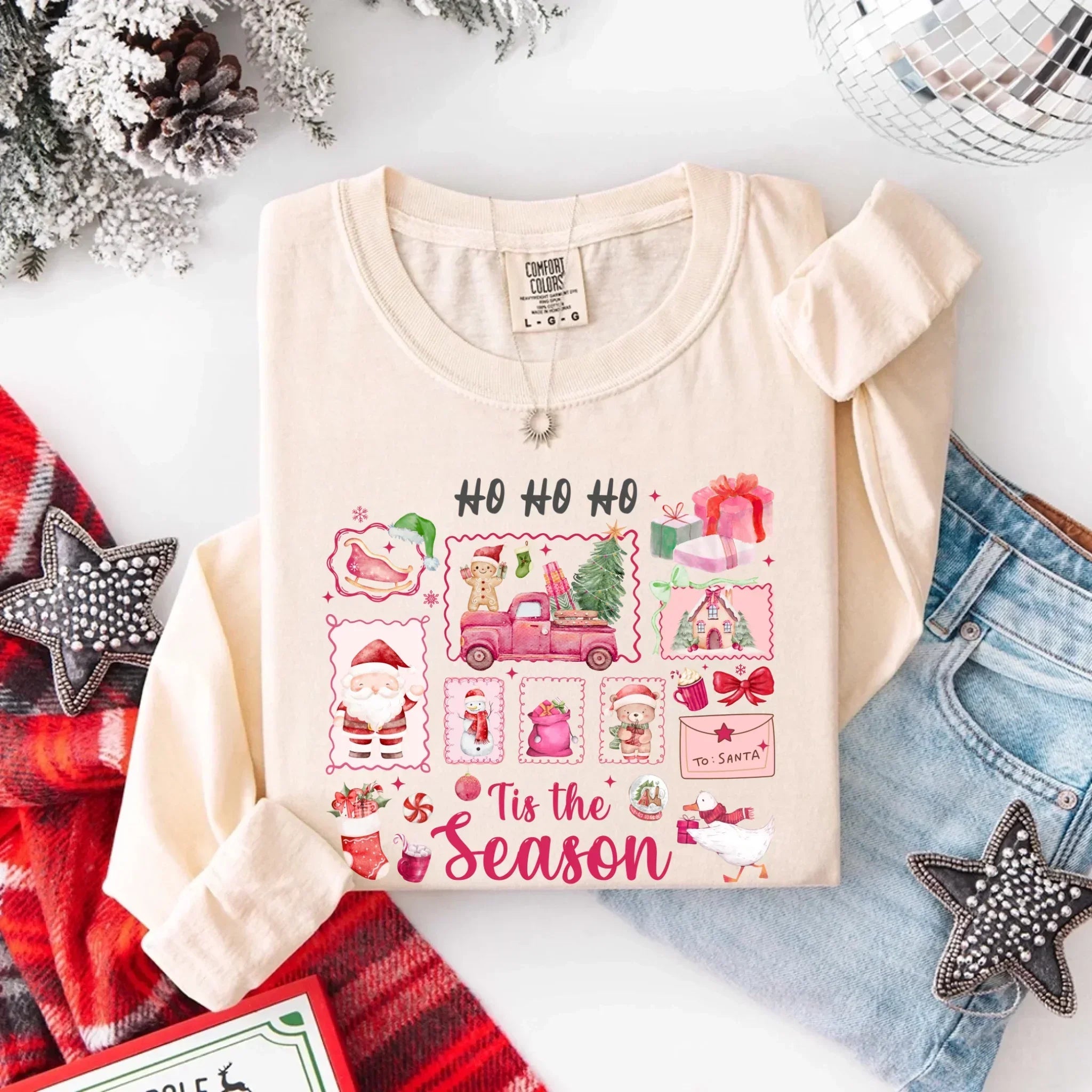 Ivory long sleeve Christmas shirt with red and green "Ho Ho Ho" and "Tis the Season" graphic