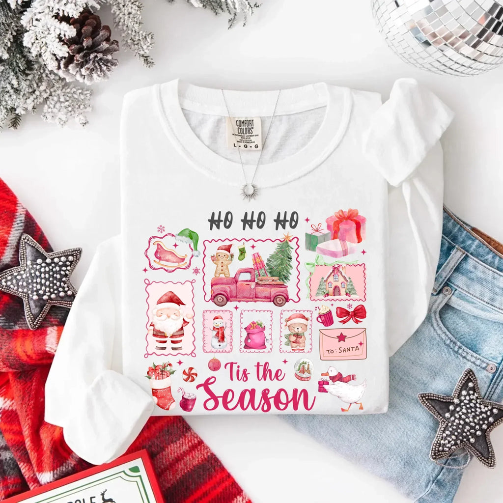 White long sleeve Christmas shirt with colorful "Ho Ho Ho" and "Tis the Season" graphic