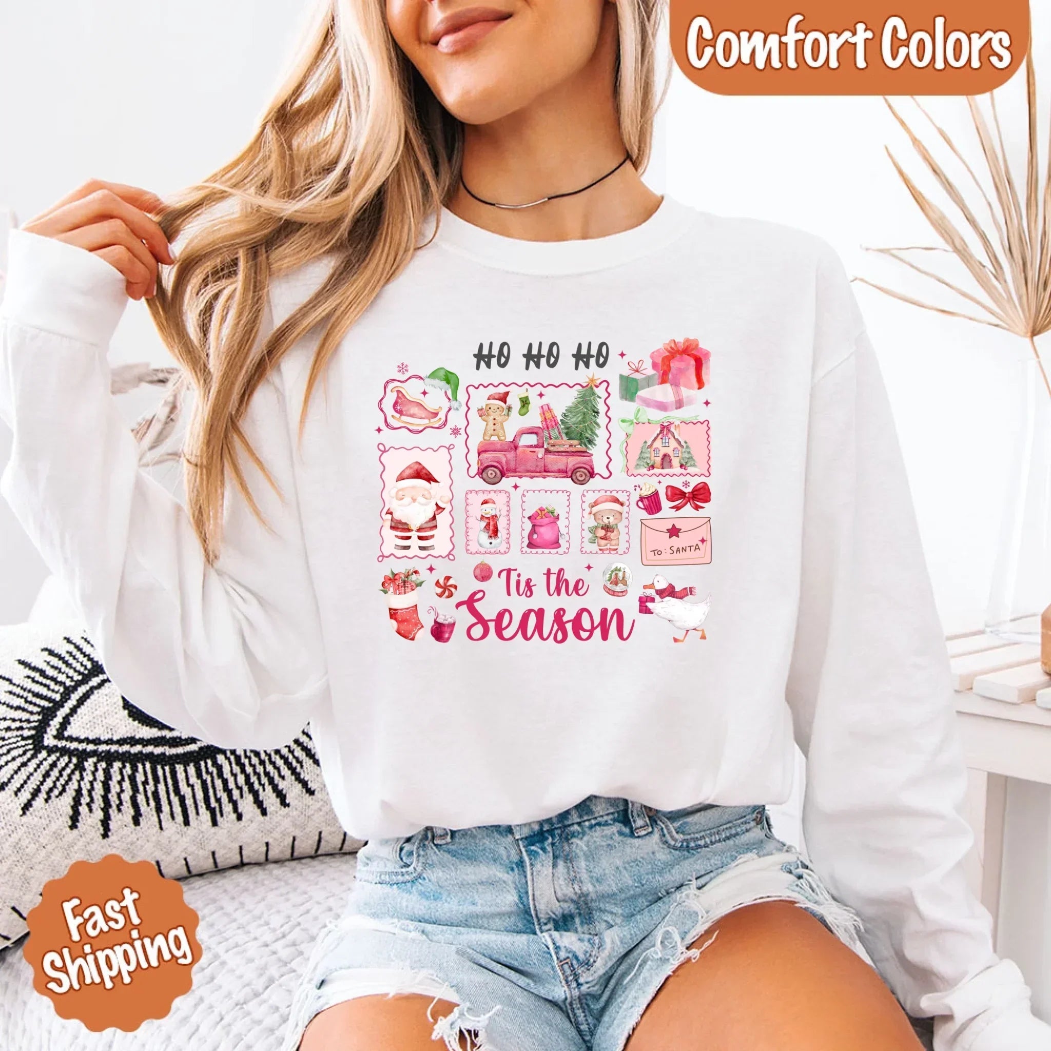 Comfort Colors long sleeve Christmas shirt, white, 'Ho Ho Ho' 'Tis the Season' graphic