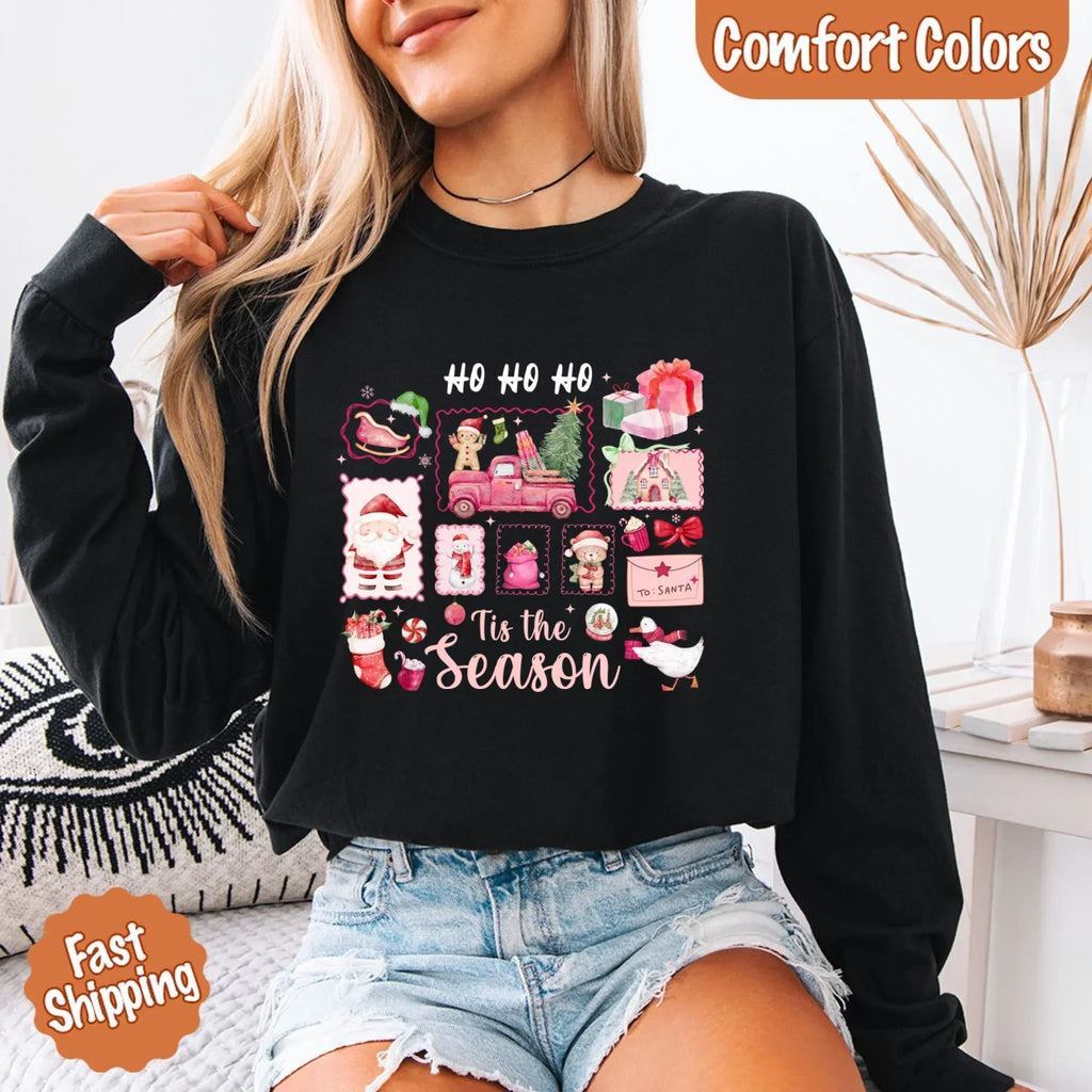 Comfort Colors long sleeve Christmas shirt, black, 'Ho Ho Ho' 'Tis the Season' graphic
