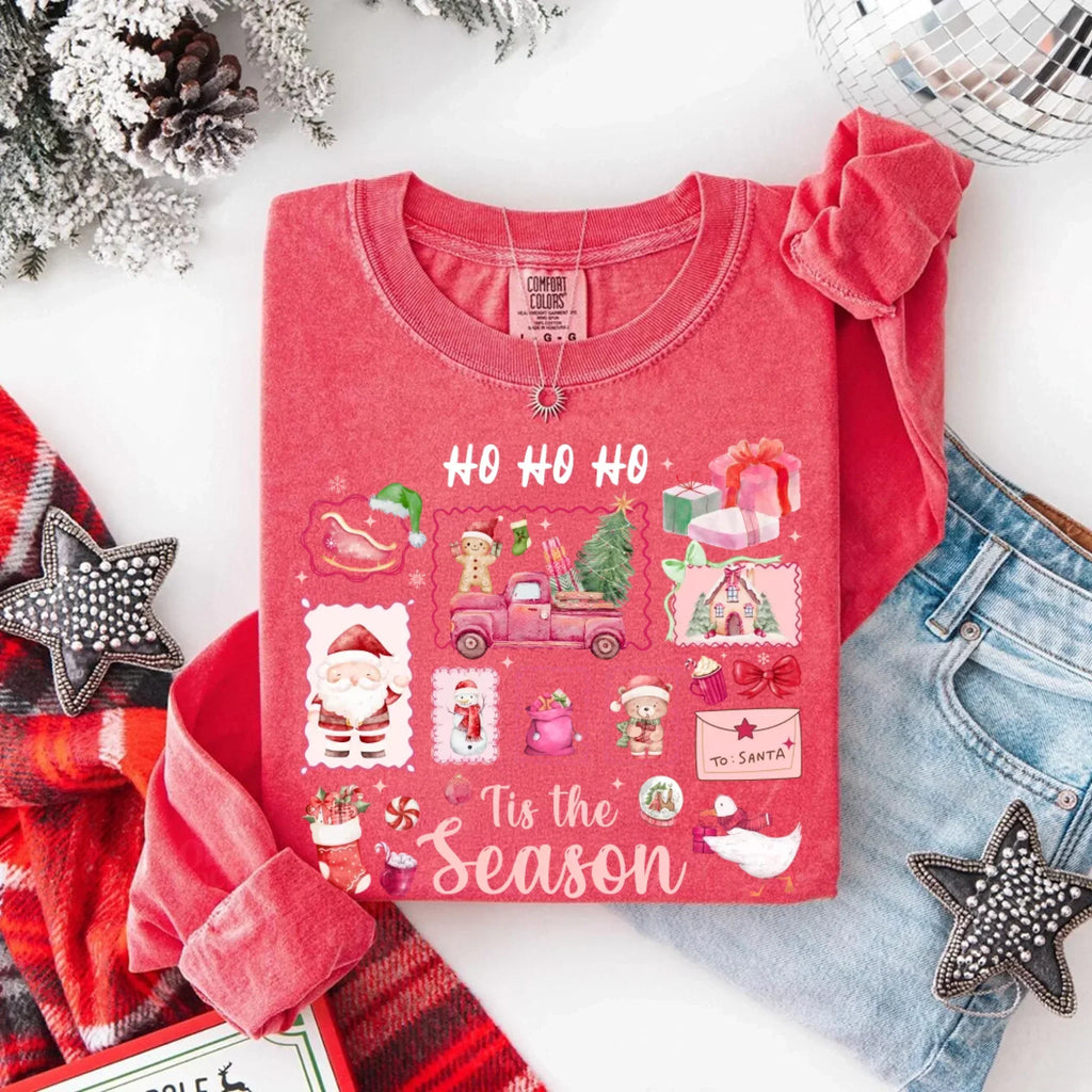 Comfort Colors long sleeve Christmas shirt, red, 'Ho Ho Ho' 'Tis the Season' graphic