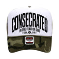 White foam trucker cap with camo brim and front logo
