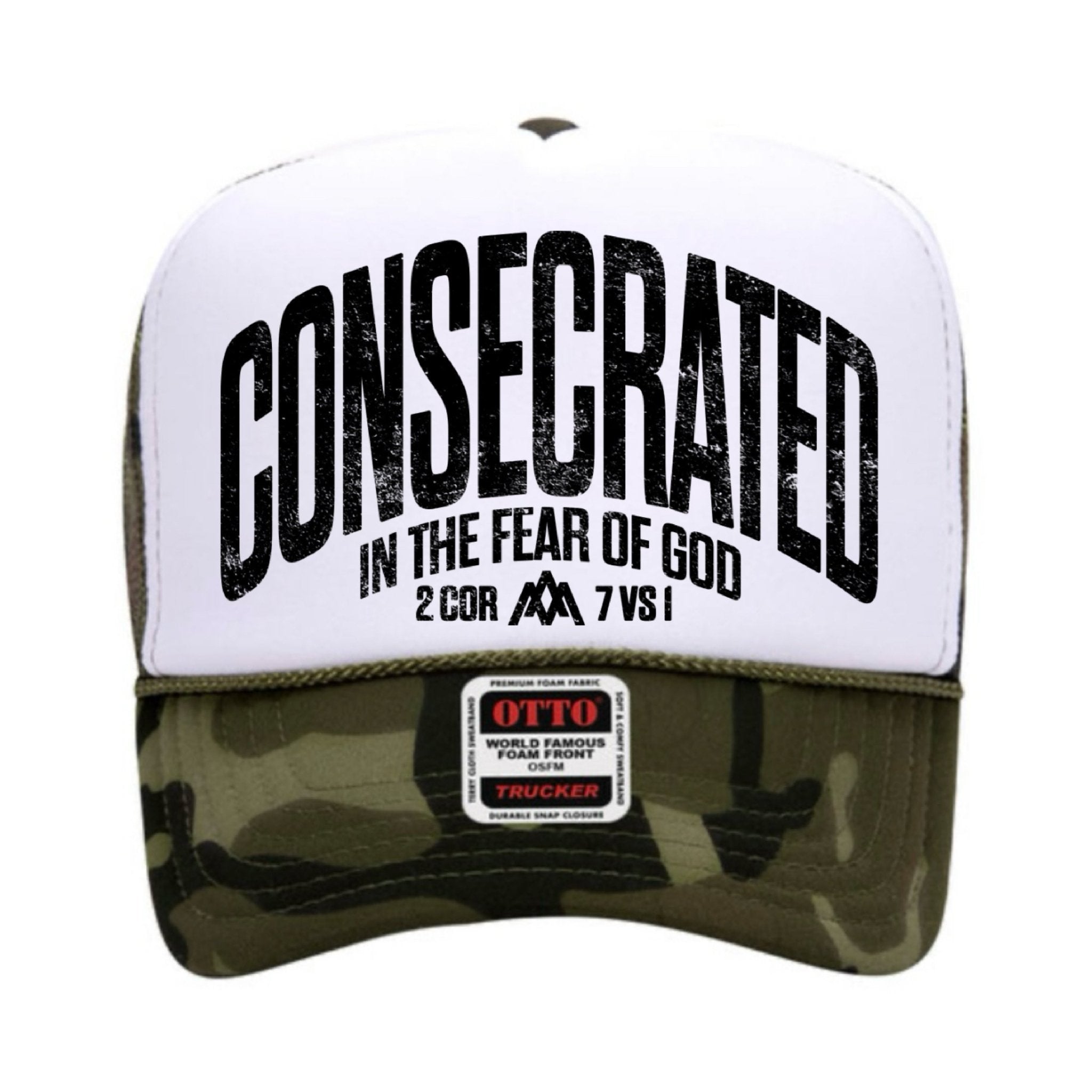 White foam trucker cap with camo brim and front logo