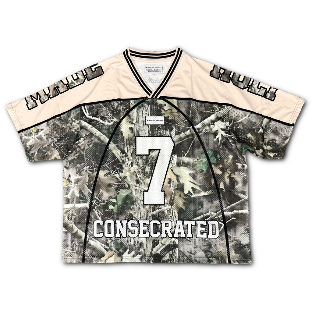 Oversized jersey with cream collar and woodland camo front graphic, number 7