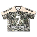 Oversized jersey with cream collar and woodland camo front graphic, number 7