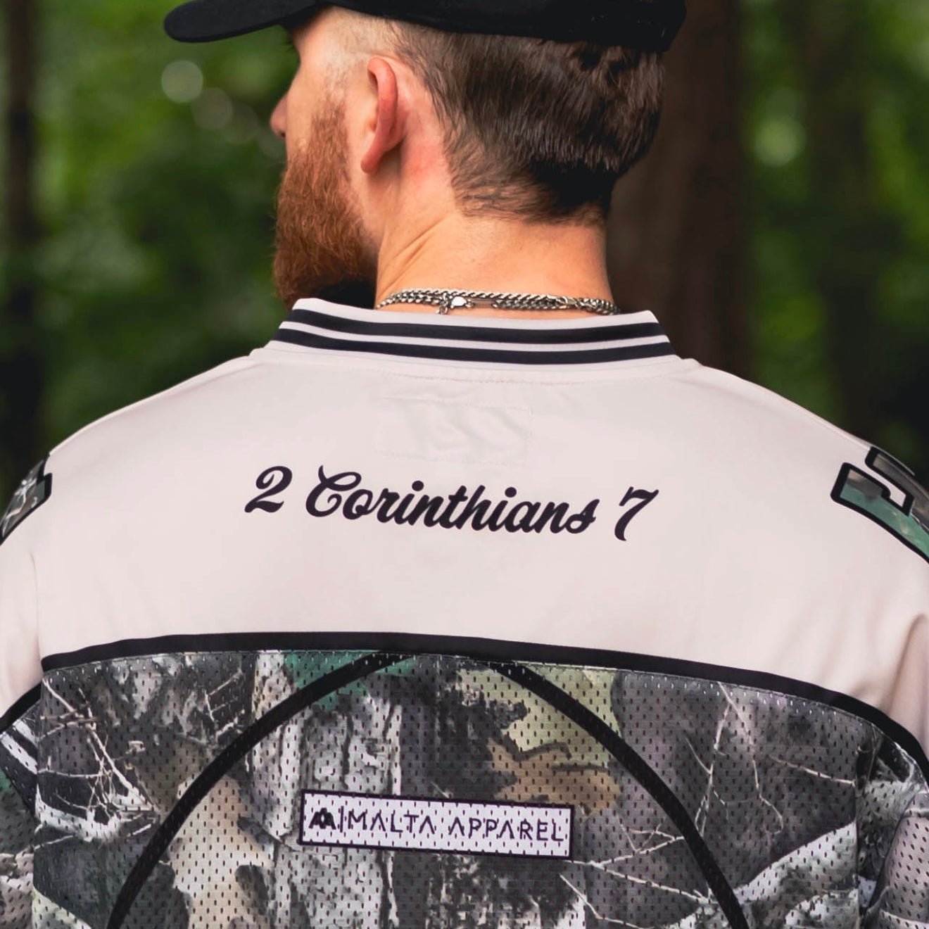 Oversized jersey back panel in woodland camo with number 7 and cream yoke