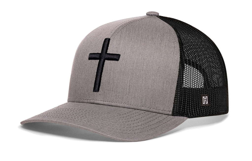Gray cross trucker hat with black cross logo and black mesh back